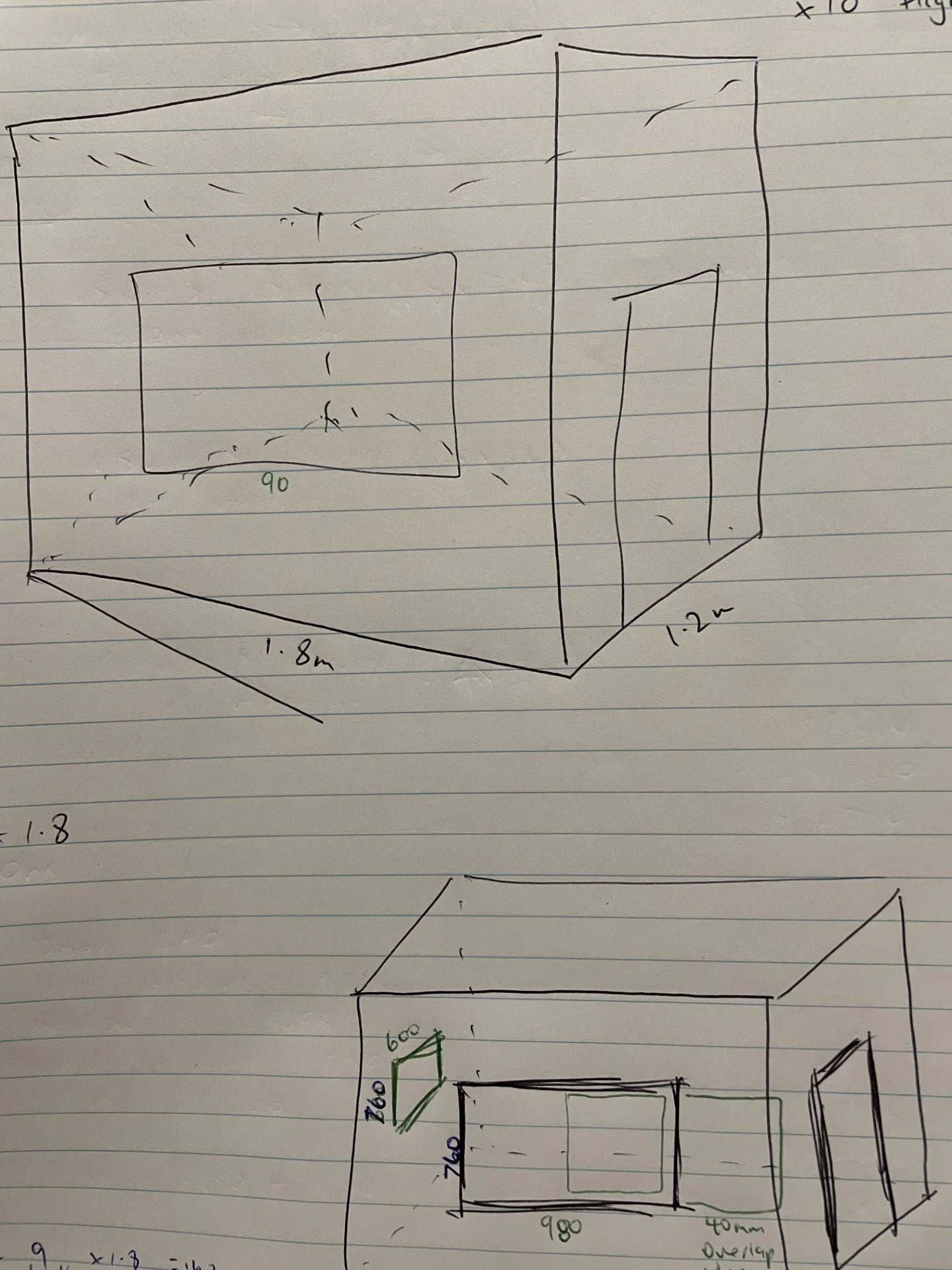 Hand-drawn sketches of rectangular objects with dimensions labeled, including one box measuring 1.8 meters by 0.9 meters, and another measuring 1.2 meters by 0.6 meters, on lined paper.