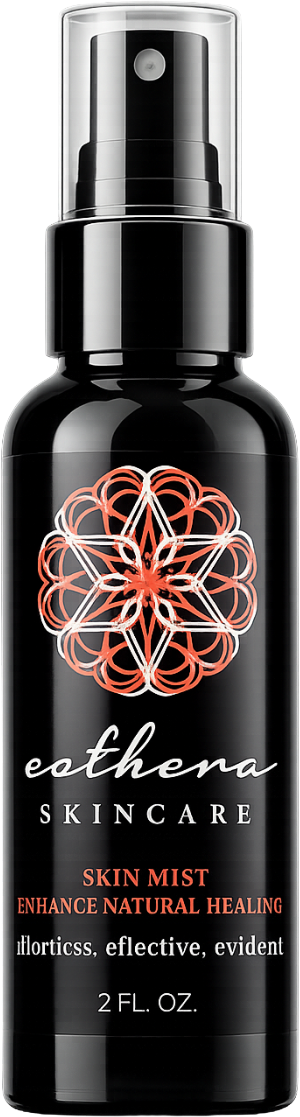 A black bottle of Esthera Skincare Skin Mist with a clear spray top, featuring a red and white geometric floral design on the label, and text indicating it enhances natural healing.