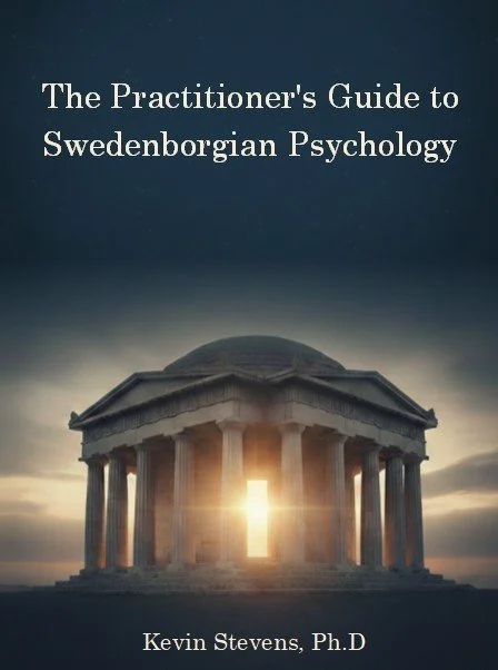 Book cover titled 'The Practitioner's Guide to Swedenborgian Psychology' by Kevin Stevens, Ph.D., depicting an ancient Greek-style temple with columns and a domed roof, with the sun shining through the entrance.