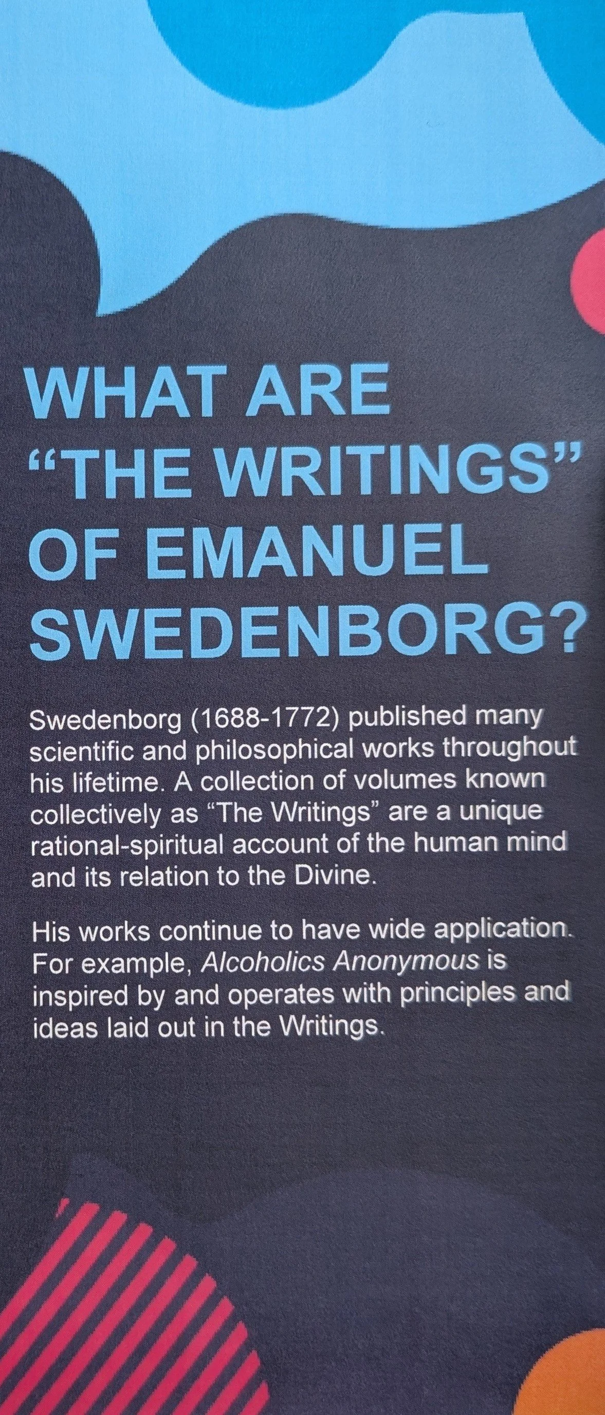 Text-based informational graphic about Emanuel Swedenborg, discussing his scientific and philosophical works, including 'The Writings,' and mentioning his influence on various ideas and works, such as 'Alcoholics Anonymous.'