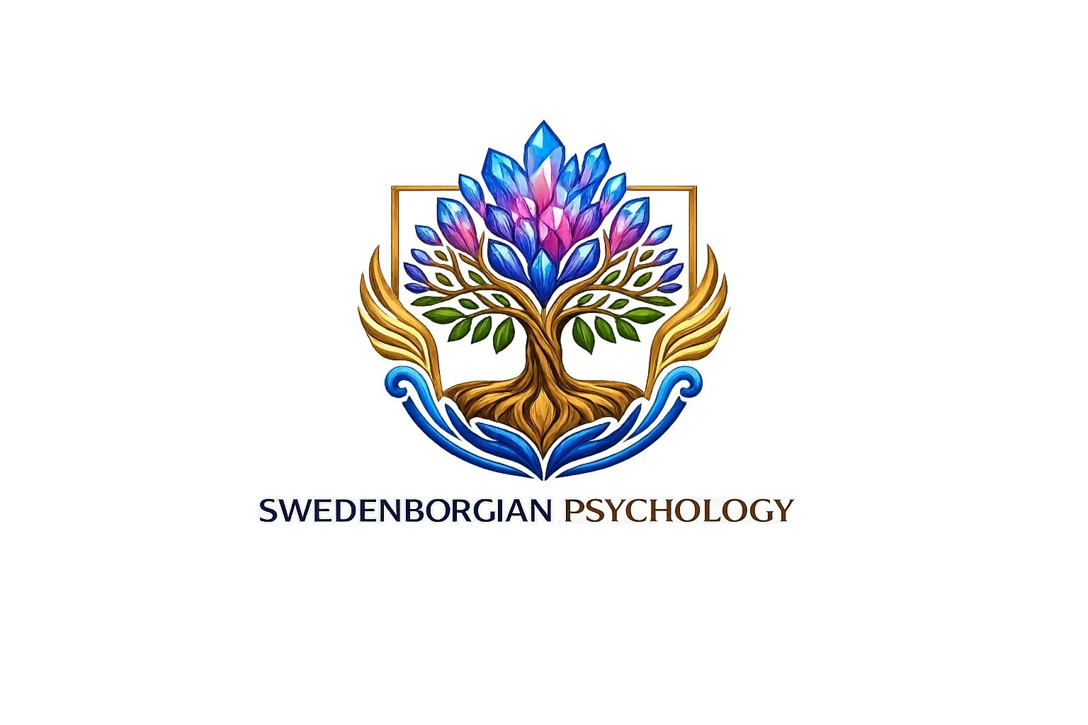 Colorful logo of a tree with purple and blue leaves, gold branches, and a brown trunk, surrounded by blue and gold decorative elements, with the text 'SWEDENBORGIAN PSYCHOLOGY' below.