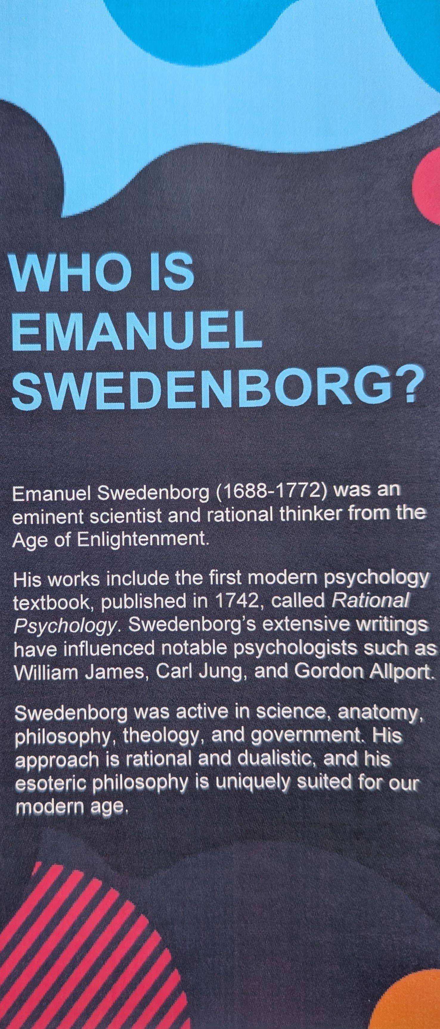 Information about Emanuel Swendenborg, detailing his life as a scientist and thinker from the Age of Enlightenment, including his work on psychology and influence on notable psychologists.