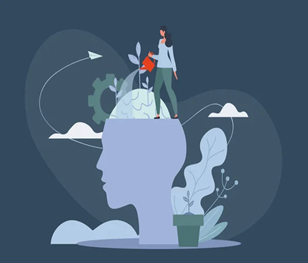A woman standing on top of a large human head silhouette surrounded by abstract plants and clouds, representing ideas and creativity.