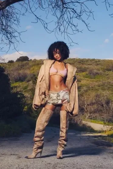 Model in a tan coat standing in a golden hillside field
