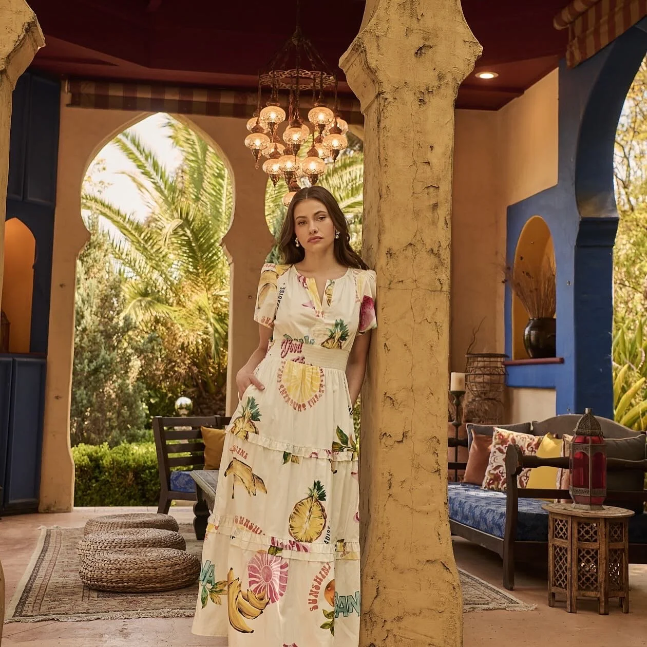 Fashion photoshoot Estate featuring a model in the Moroccan inspired Kasbah. This secluded 2 acre Hollywood hills location Offers distinctive architecture, gardens,courtyards,and production-ready spaces for fashion editorials, commercial photography,