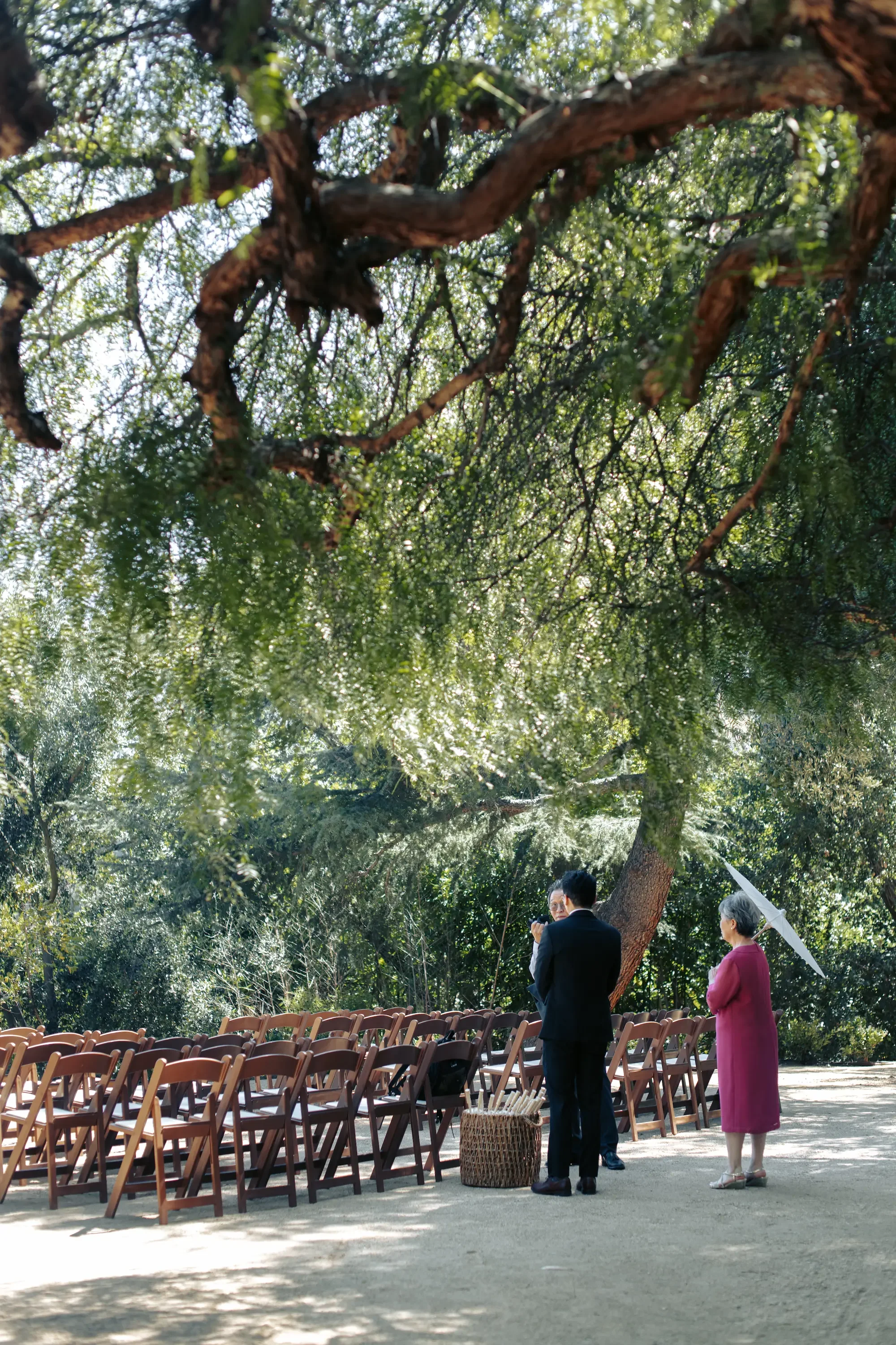 Garden wedding ceremony setup beneath mature trees at XOHH Events in the Hollywood Hills