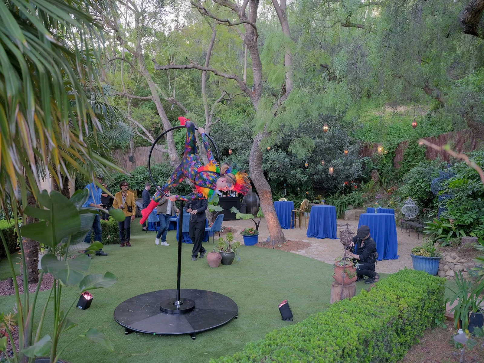 Whimsical party setup with a decorated tree and blue cocktail tables on the lawn
