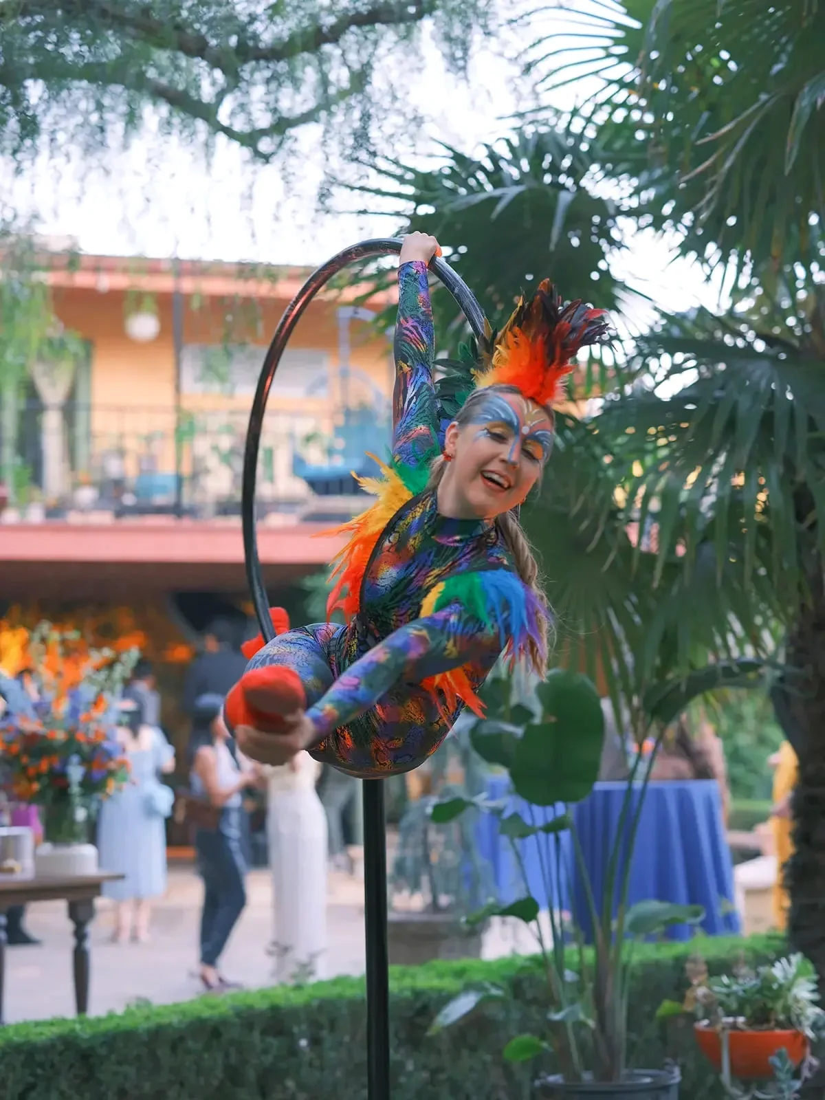 Aerial acrobat performing at XOHH Events during a collaborative venue showcase featuring Los Angeles event vendors.