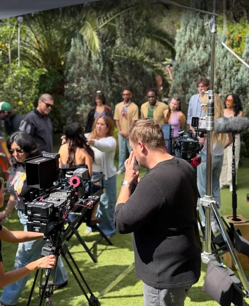 Film crew and camera equipment during an outdoor production at XOHH Events, a private Hollywood Hills filming location in Los Angeles.