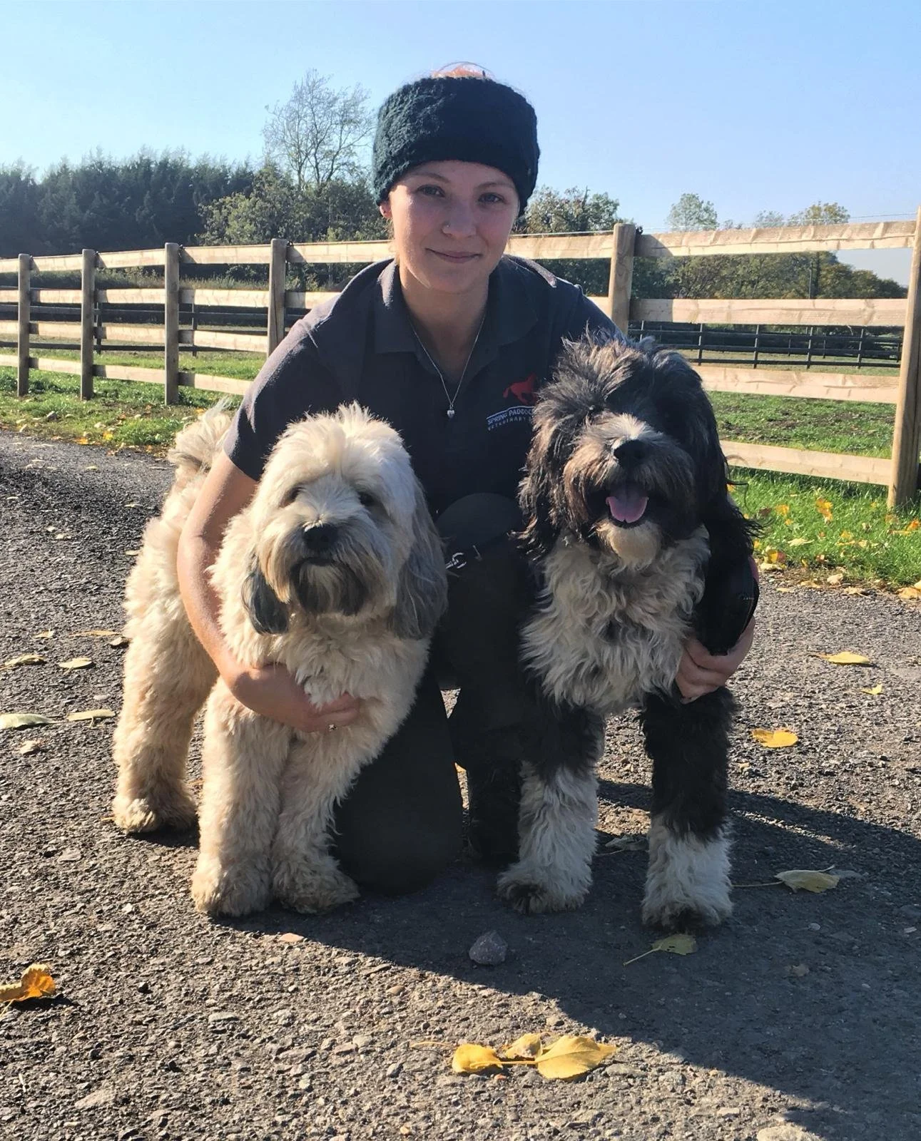 A person crouching on the ground with an arm around two fluffy dogs outside on a gravel path, with a fence and trees in the background.