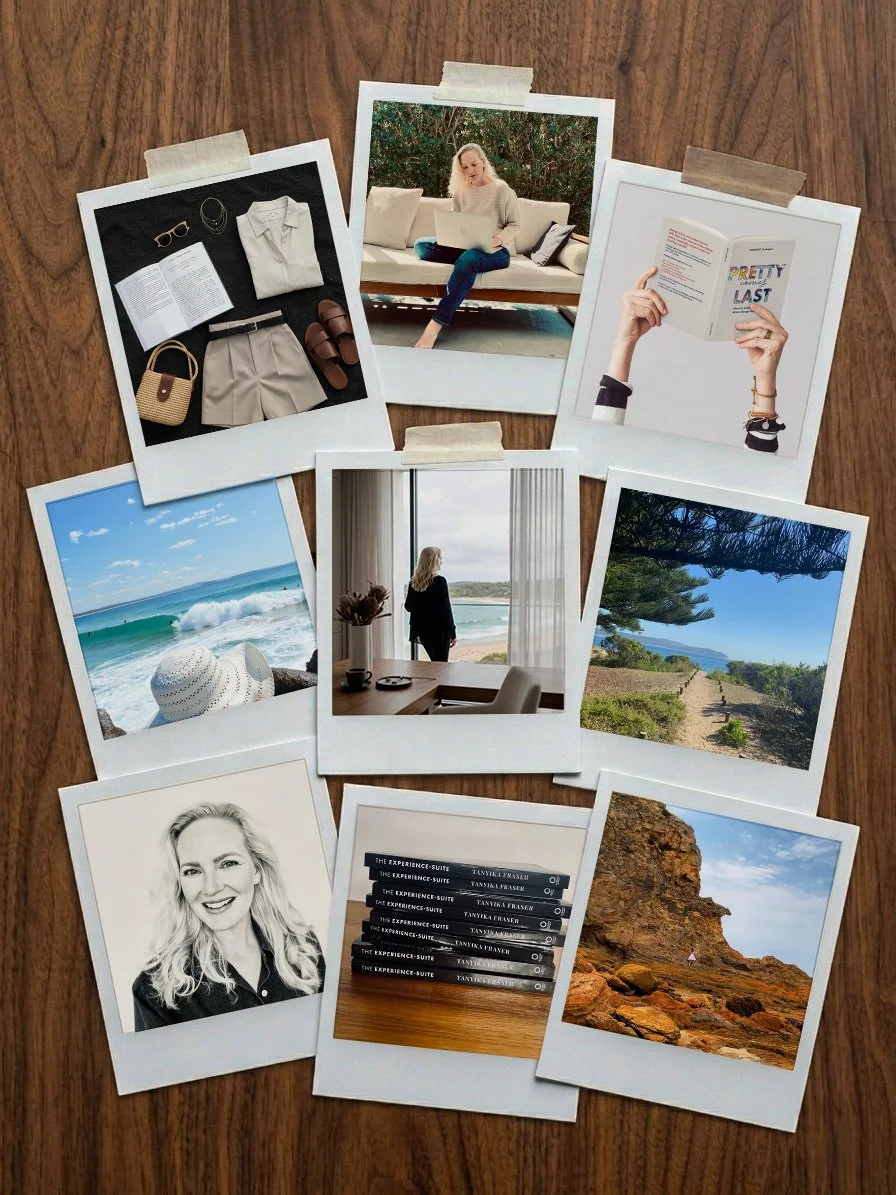Collection of nine instant photos on a wooden surface, including images of clothing, a woman using a laptop outdoors, a person reading a book, ocean waves, a woman at a window overlooking the beach, a trail in nature, a woman smiling, a stack of books, and a rocky coastline.