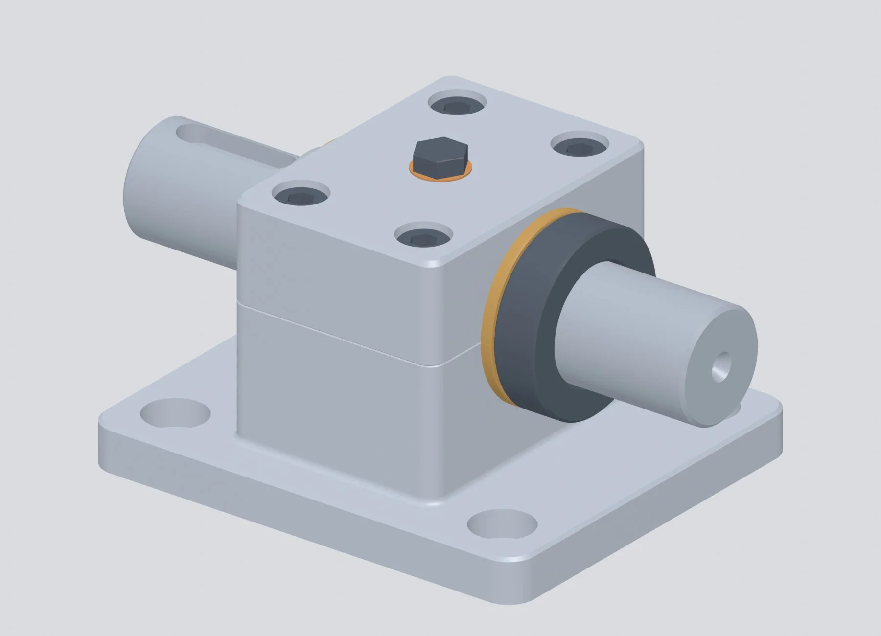 Original hypothetical split-bearing pedestal CAD assembly with removable cap, bronze bearing halves, shaft and collar. Loads and life are unvalidated.