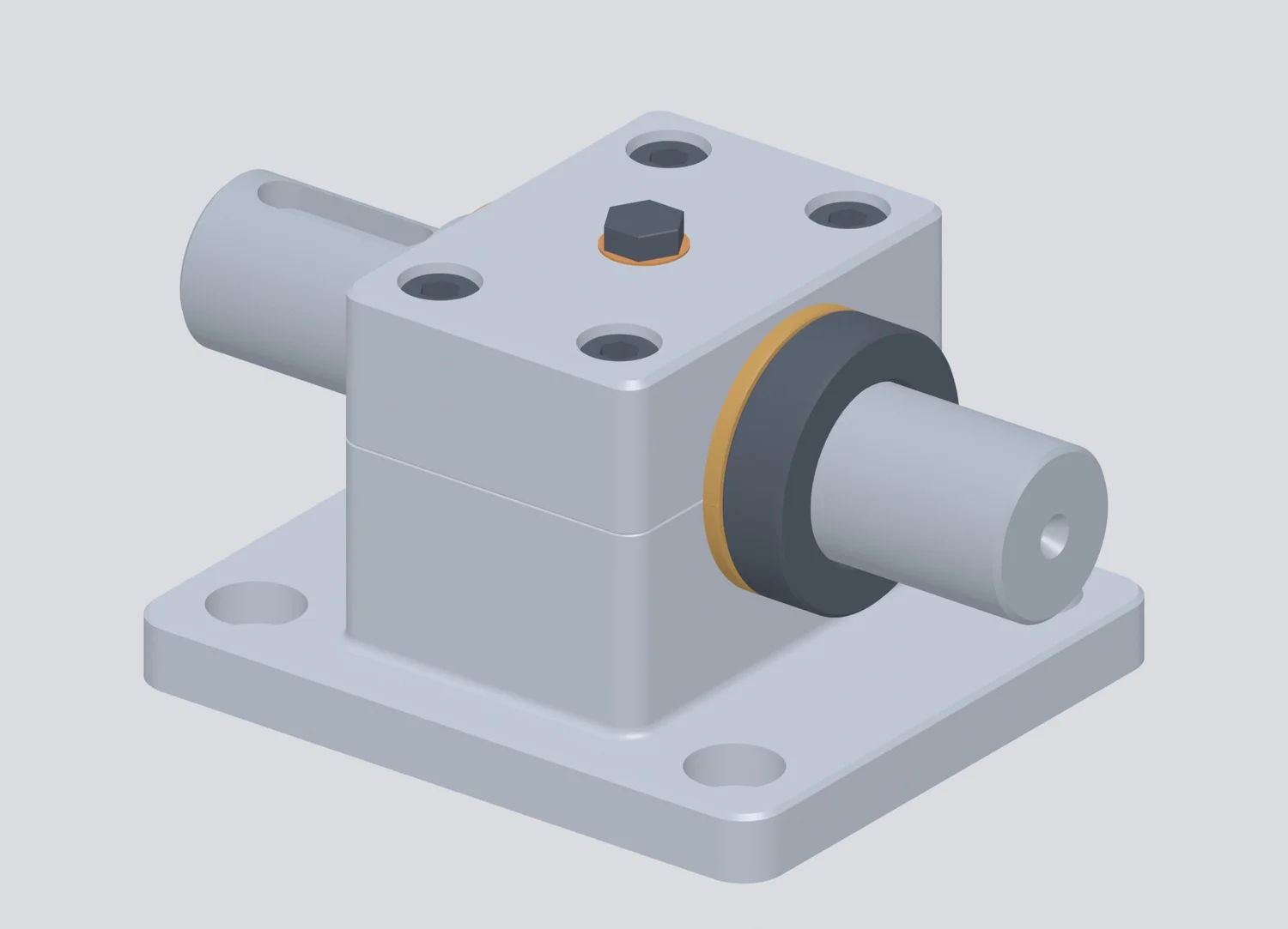Original hypothetical split-bearing pedestal CAD assembly with cap, bronze bearing halves, shaft and collar
