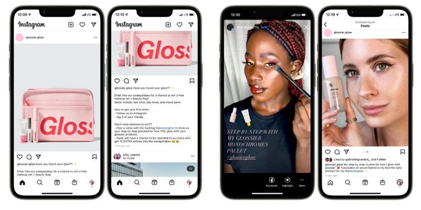 Four smartphones displaying Instagram posts related to Glossier beauty products. The first and second posts feature pink marketing materials and makeup sets. The third shows a person applying makeup with colorful eyeshadow, and the fourth has a close-up of a woman holding a bottle of Glossier skincare product.
