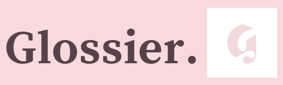 The logo features the word "Glossier" in bold, dark purple text on a light pink background, with a stylized letter "G" in a white and pink circle to the right.
