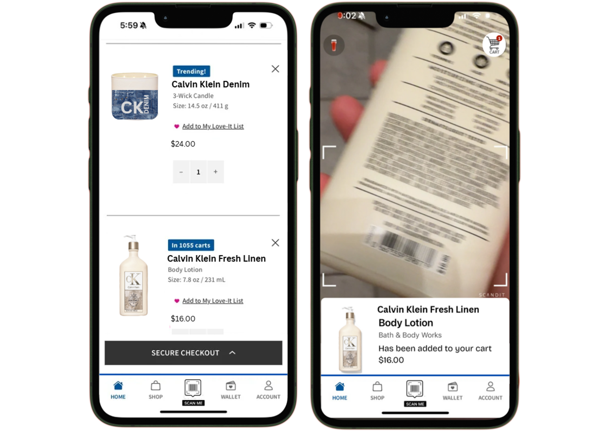 Two smartphones display shopping app screens. The left screen shows a Calvin Klein candle and lotion, with options to add to a list and checkout. The right screen shows the same lotion item, added to the cart with price $16.00.
