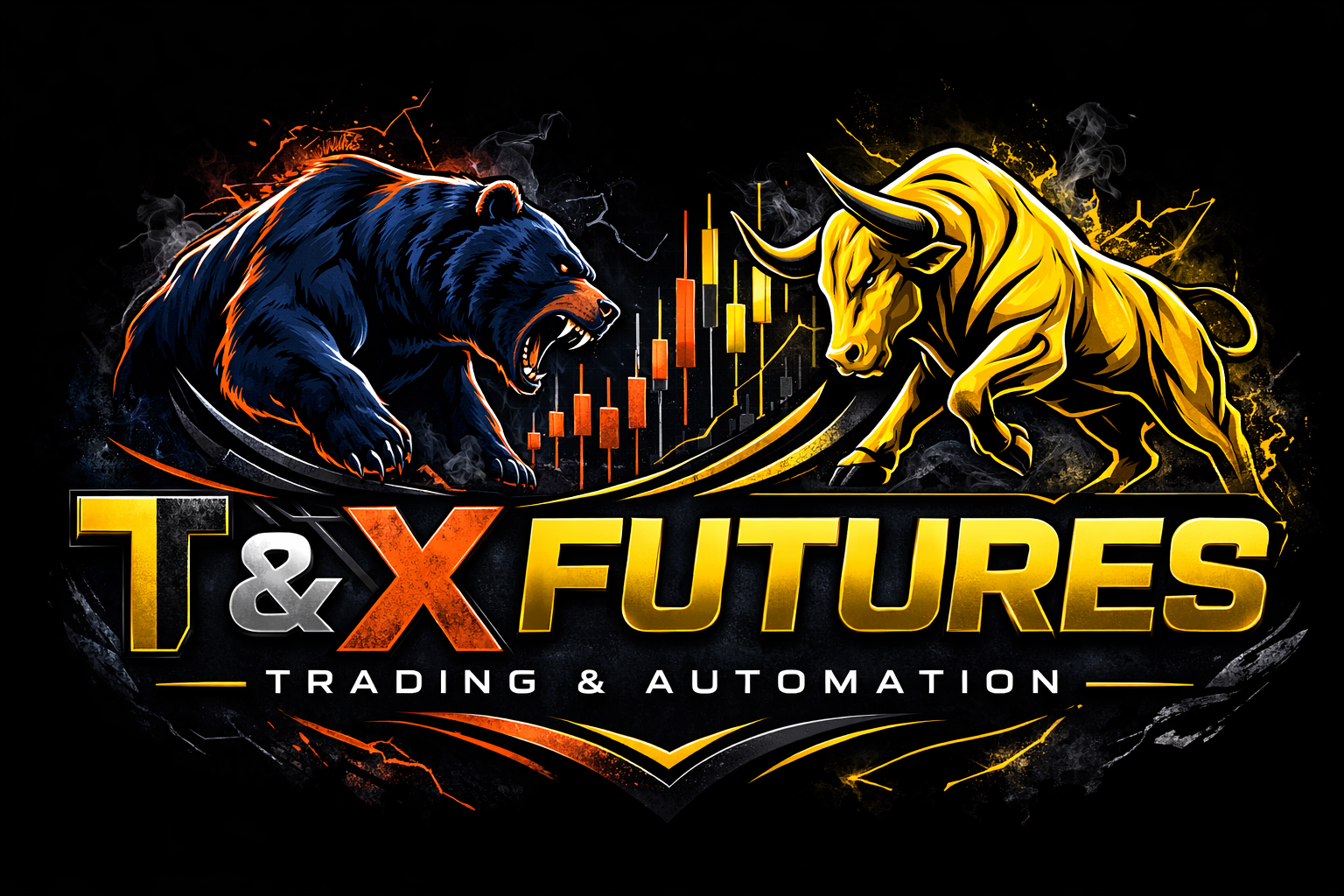A graphic illustration of a bear and a bull facing off, with stock chart bars in the background. The text reads 'T & X Futures Trading & Automation' on a black background.