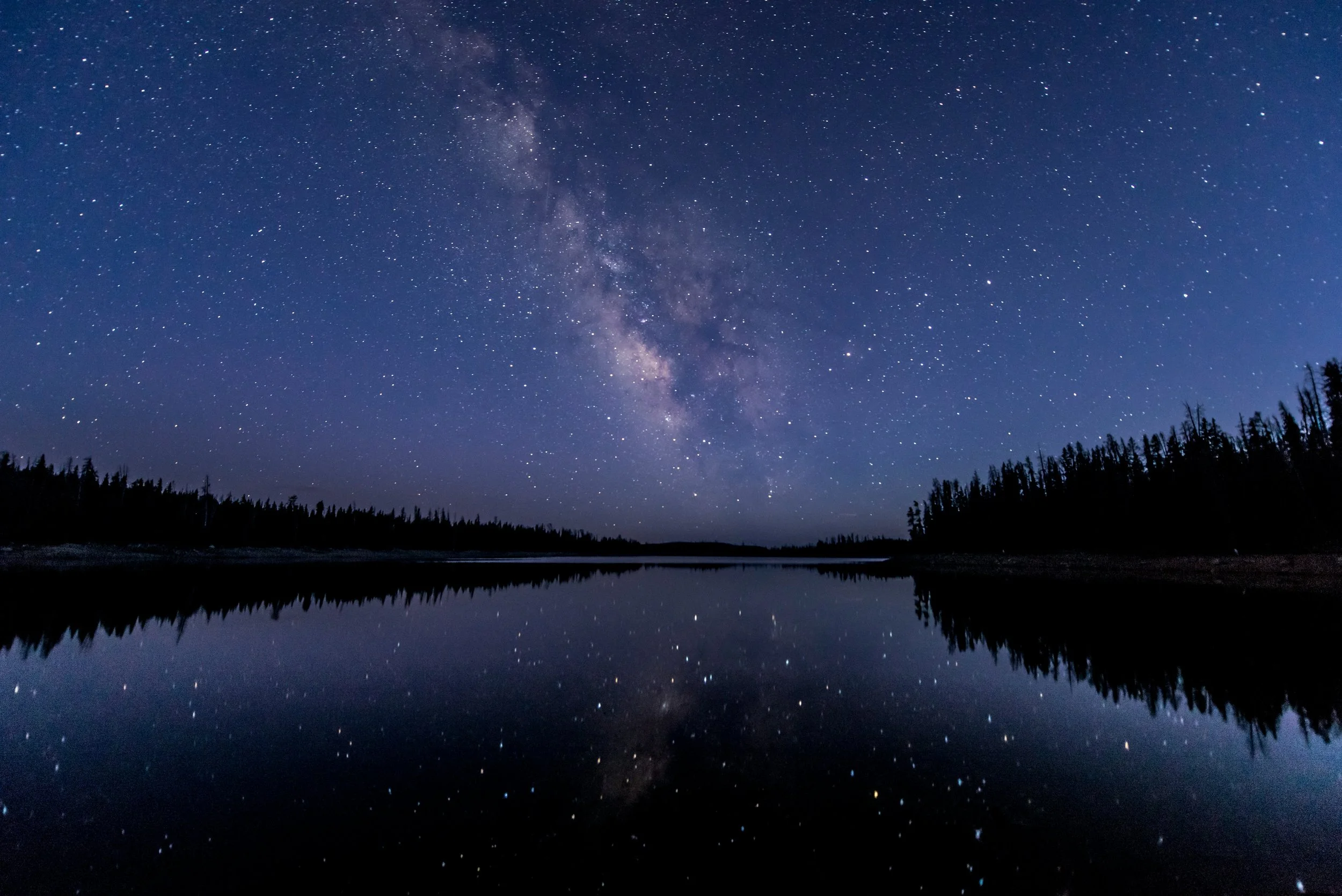 Night sky filled with stars and the Milky Way galaxy above a calm lake reflecting the starry sky, with trees lining the horizon.