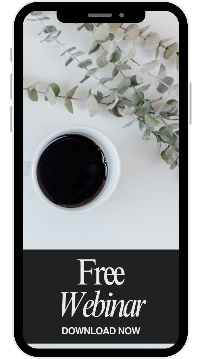 cell phone mockup that reads "Free Webinar"