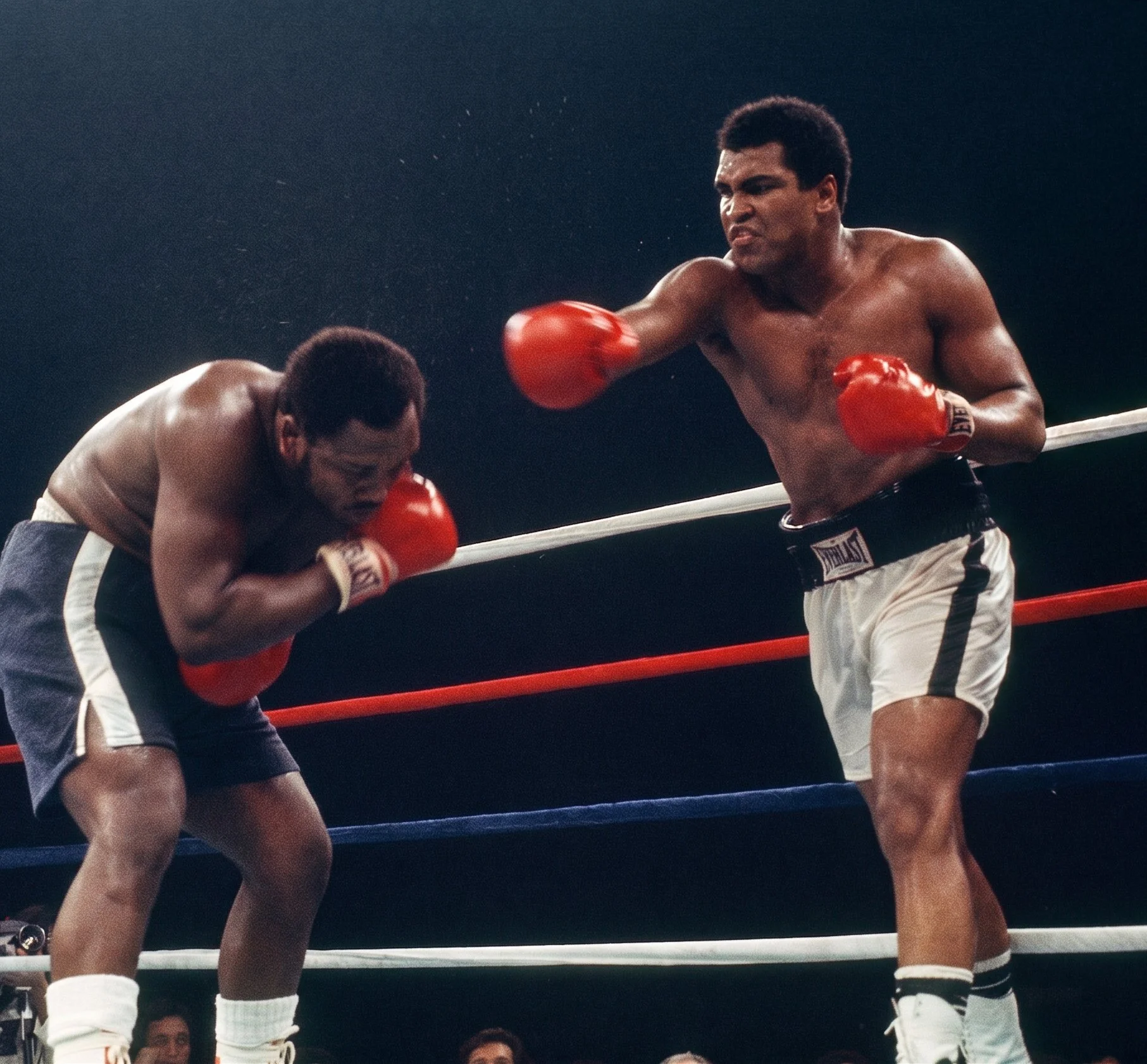 Muhammad Ali lands a right hand to Joe Frazier’s head as Frazier ducks low near the ropes during Ali-Frazier III, the Thrilla in Manila.