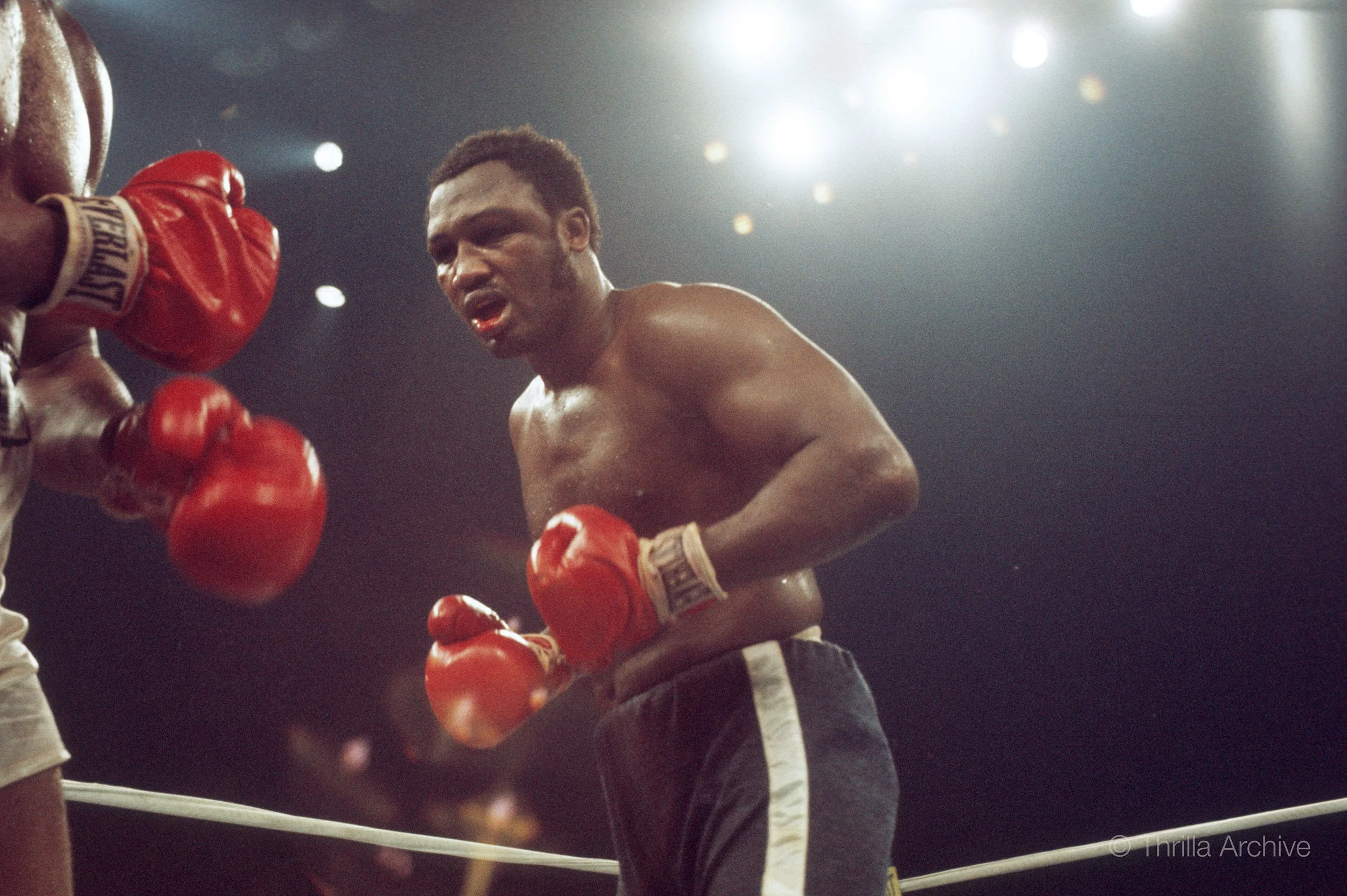 Accumulated damage on the face of Joe Frazier in the late rounds of his epic battle against Muhammad Ali in the Thrilla in Manila, 1975