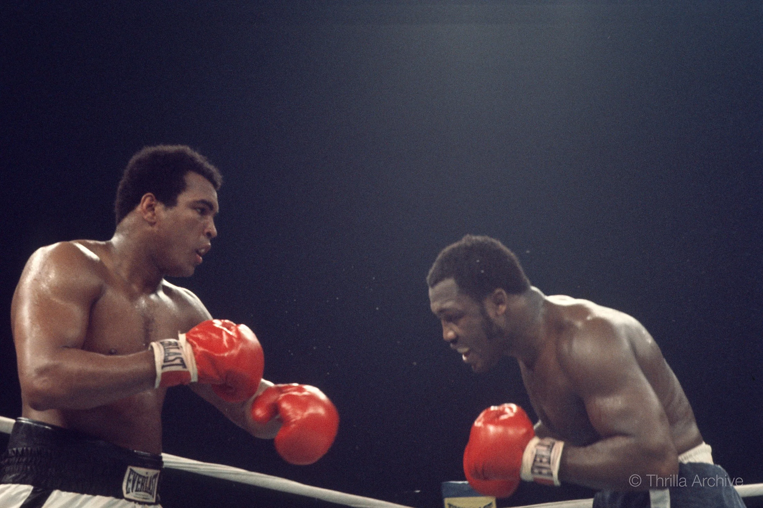 A tactical pause between Muhammad Ali and Joe Frazier during the brutal Thrilla in Manila bout, October 1, 1975