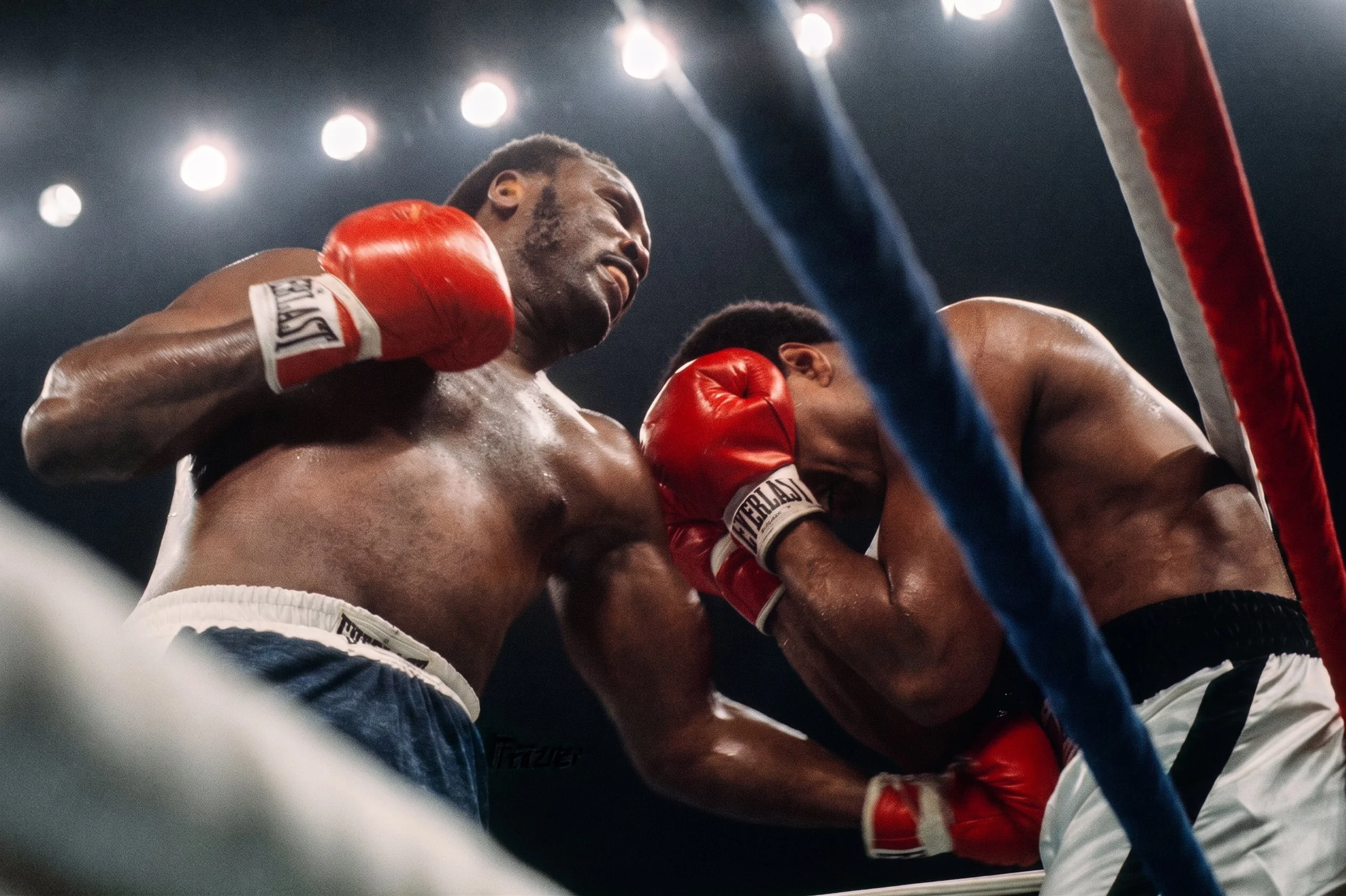 Joe Frazier digs a left to Muhammad Ali’s body as Ali covers up against the ropes during Ali-Frazier III, the Thrilla in Manila.