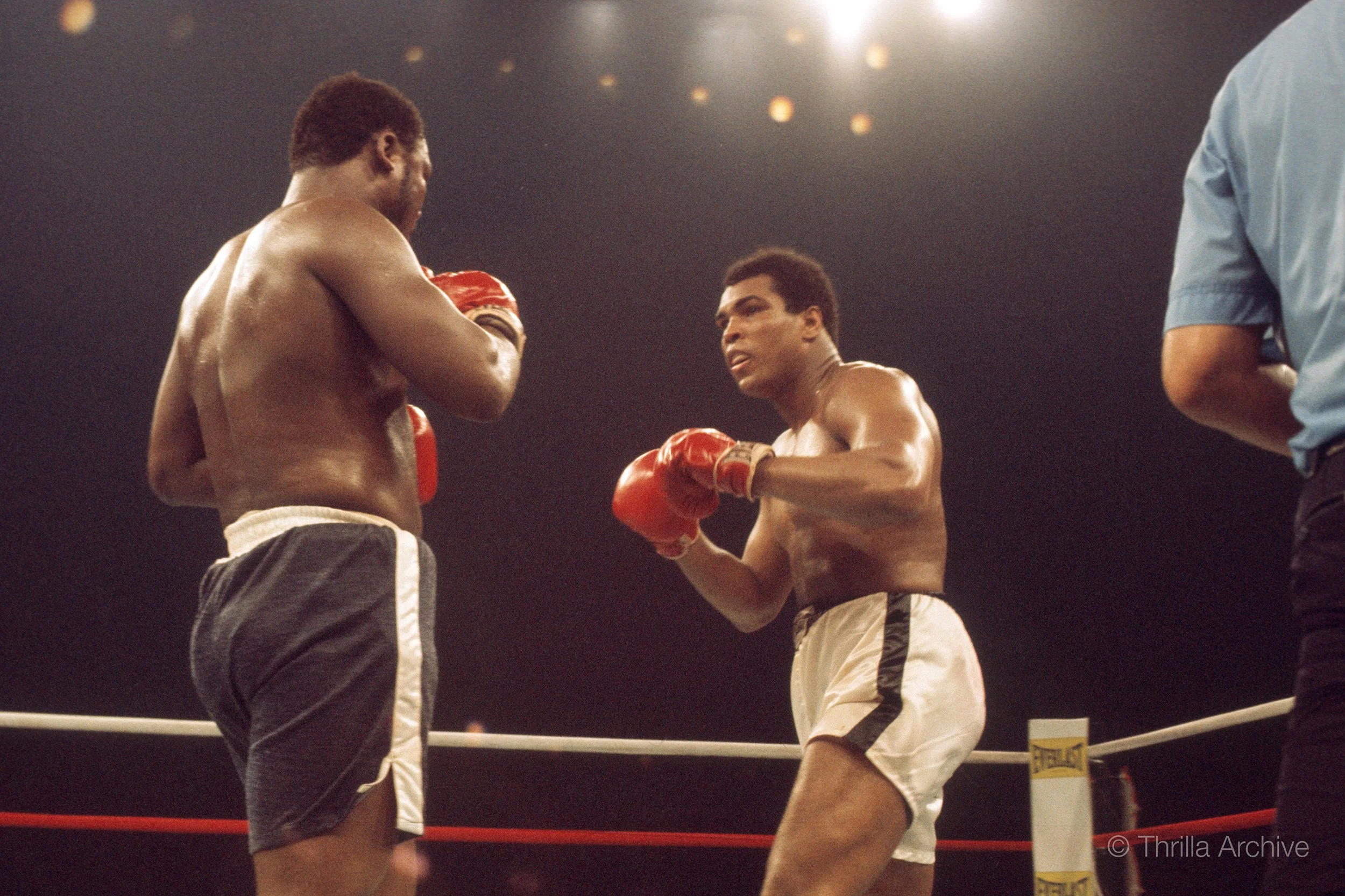 Muhammad Ali vigilantly looks for an opening against Joe Frazier in their final matchup, the Thrilla in Manila, 1975, photographed by Lowell K. Riley