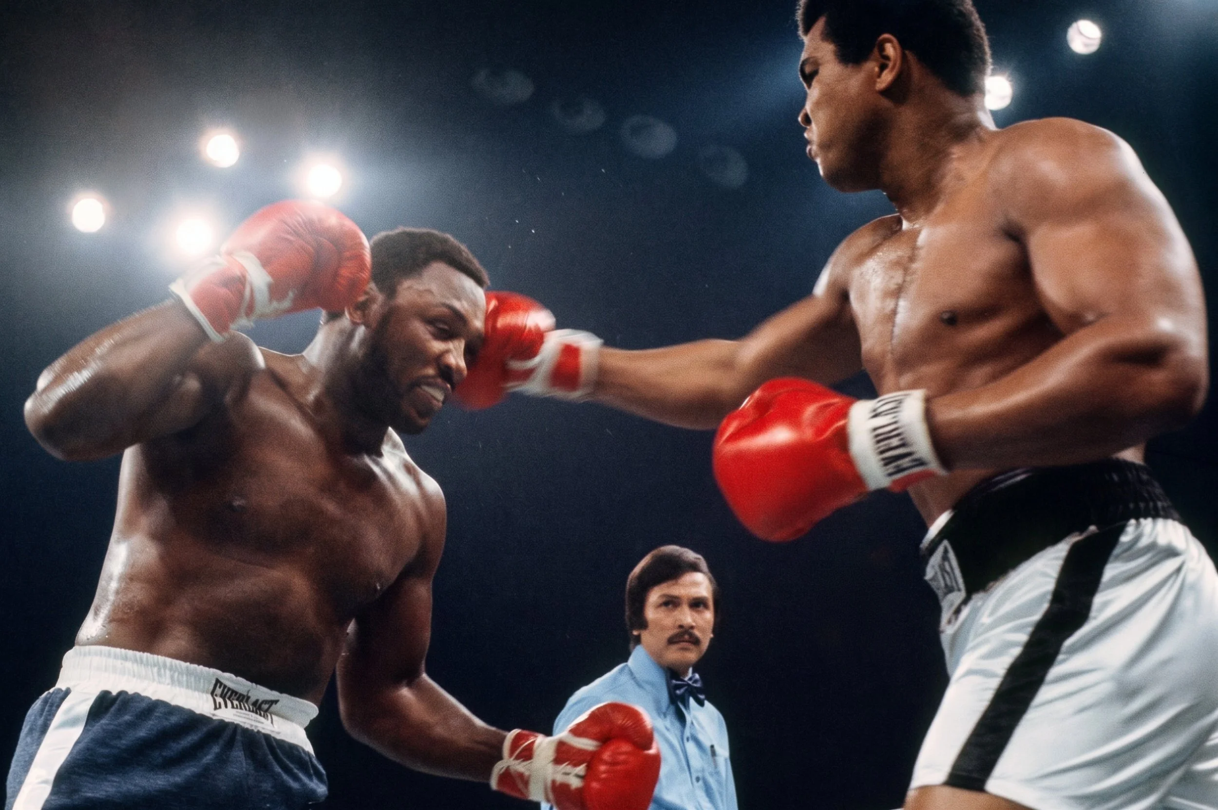 Muhammad Ali lands a straight right hand on Joe Frazier during Ali-Frazier III, the Thrilla in Manila.