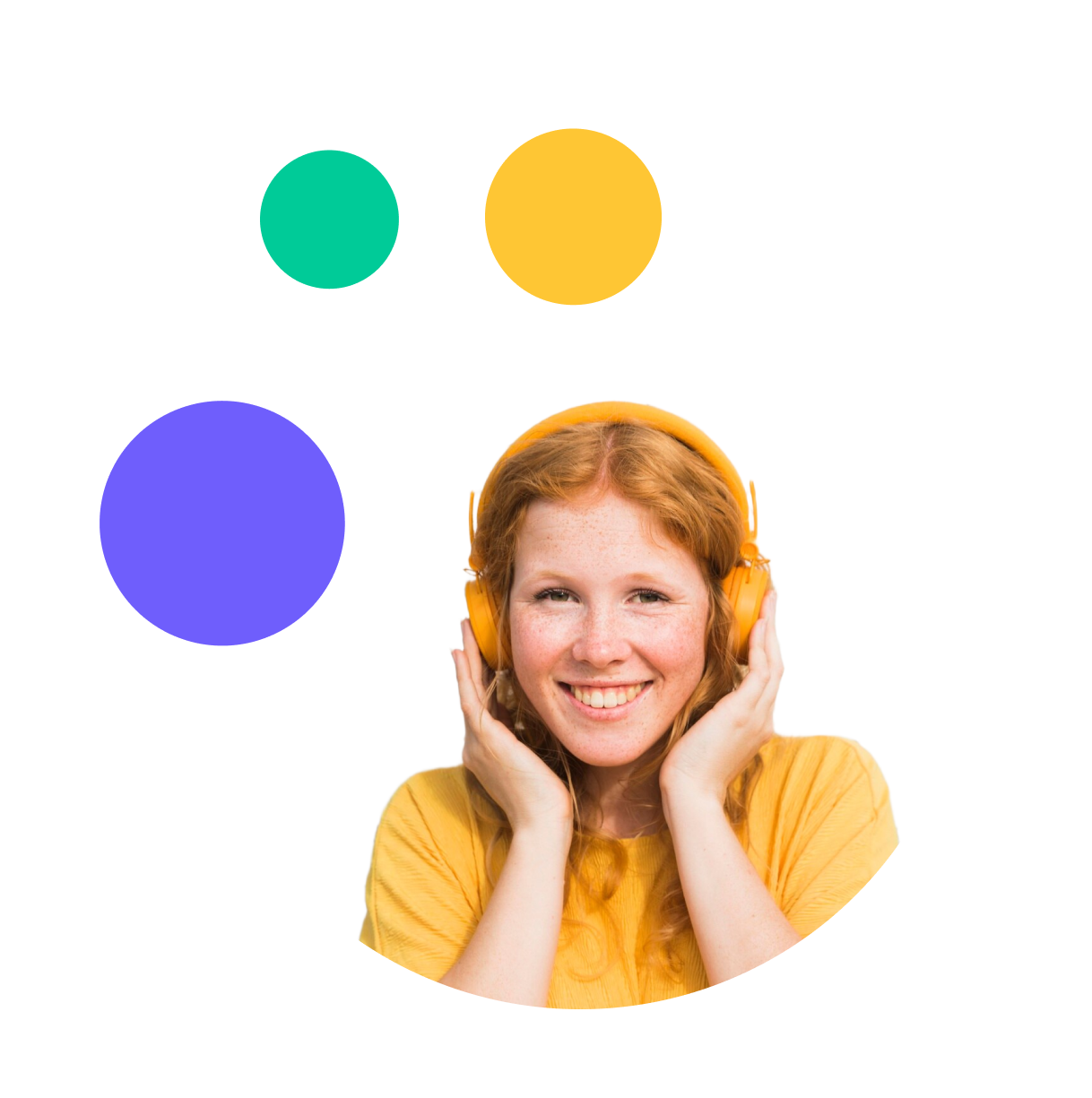 A young red-haired woman smiling and holding yellow headphones to her ears, wearing a yellow top, with a colorful abstract background including large circles in teal, yellow, purple, and black.