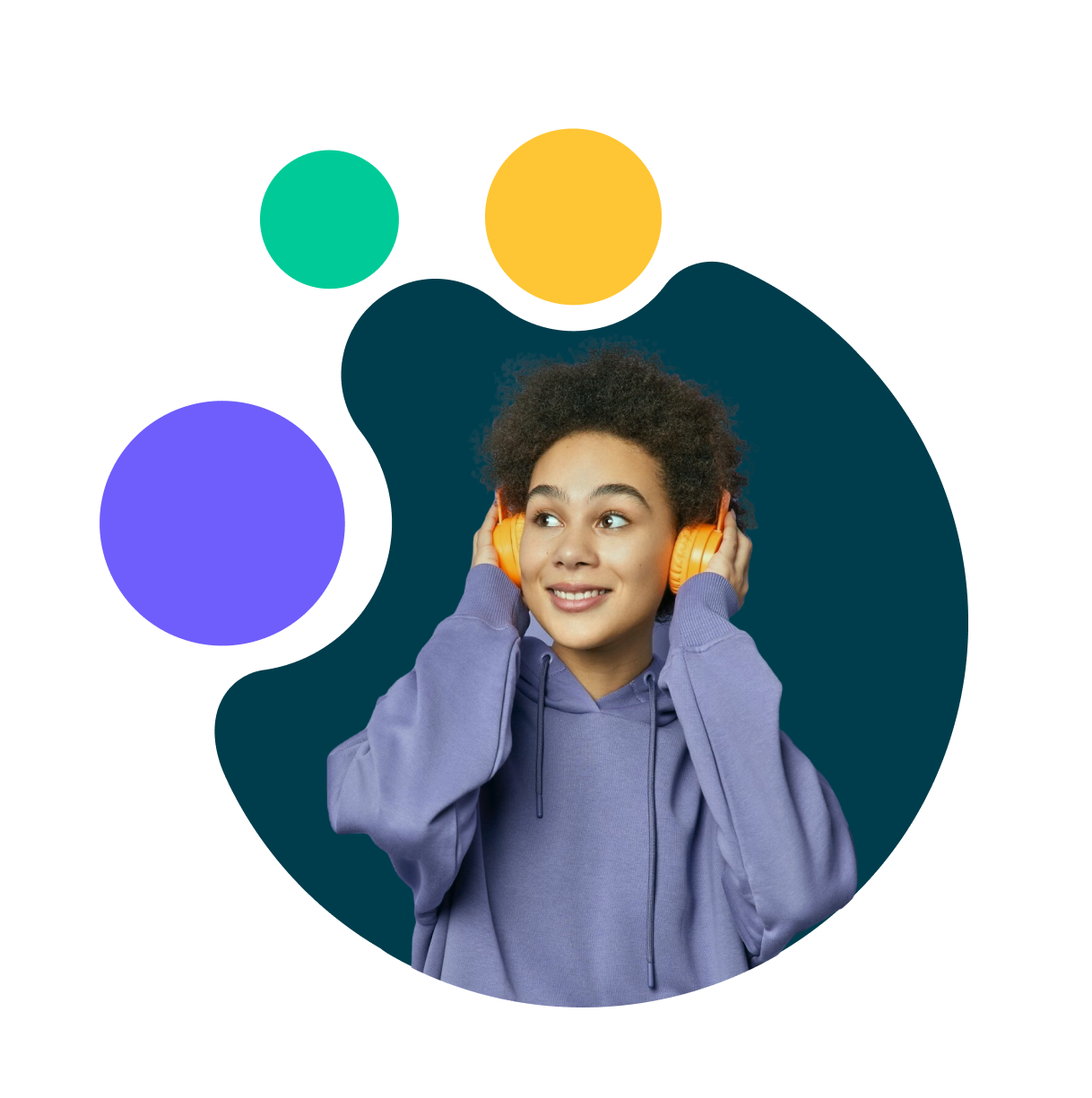 Young woman with curly hair wearing purple hoodie, smiling and listening to orange headphones.