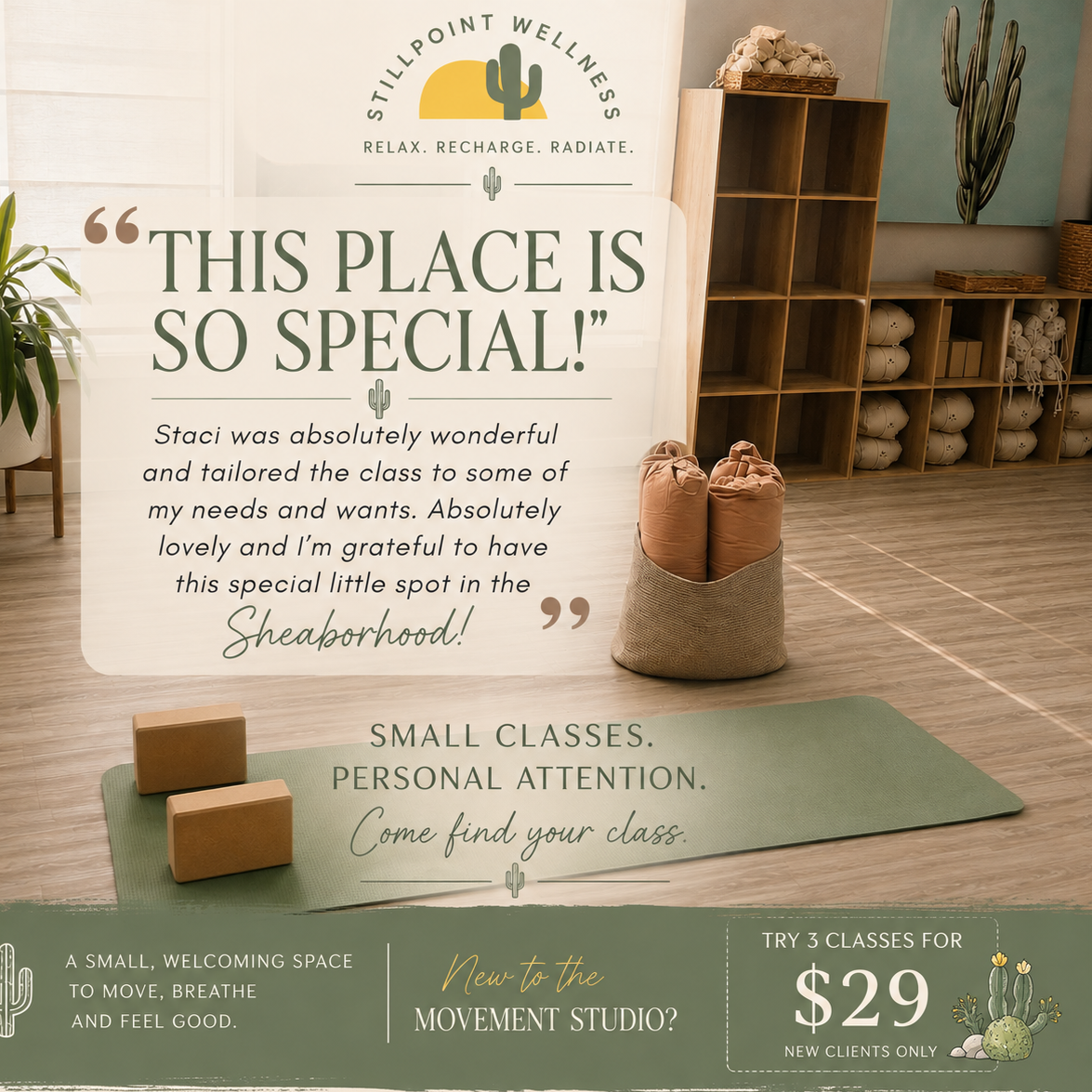 Stillpoint Wellness new student special: first three boutique yoga, Barre, or movement classes for $29 in North Phoenix, Arizona.