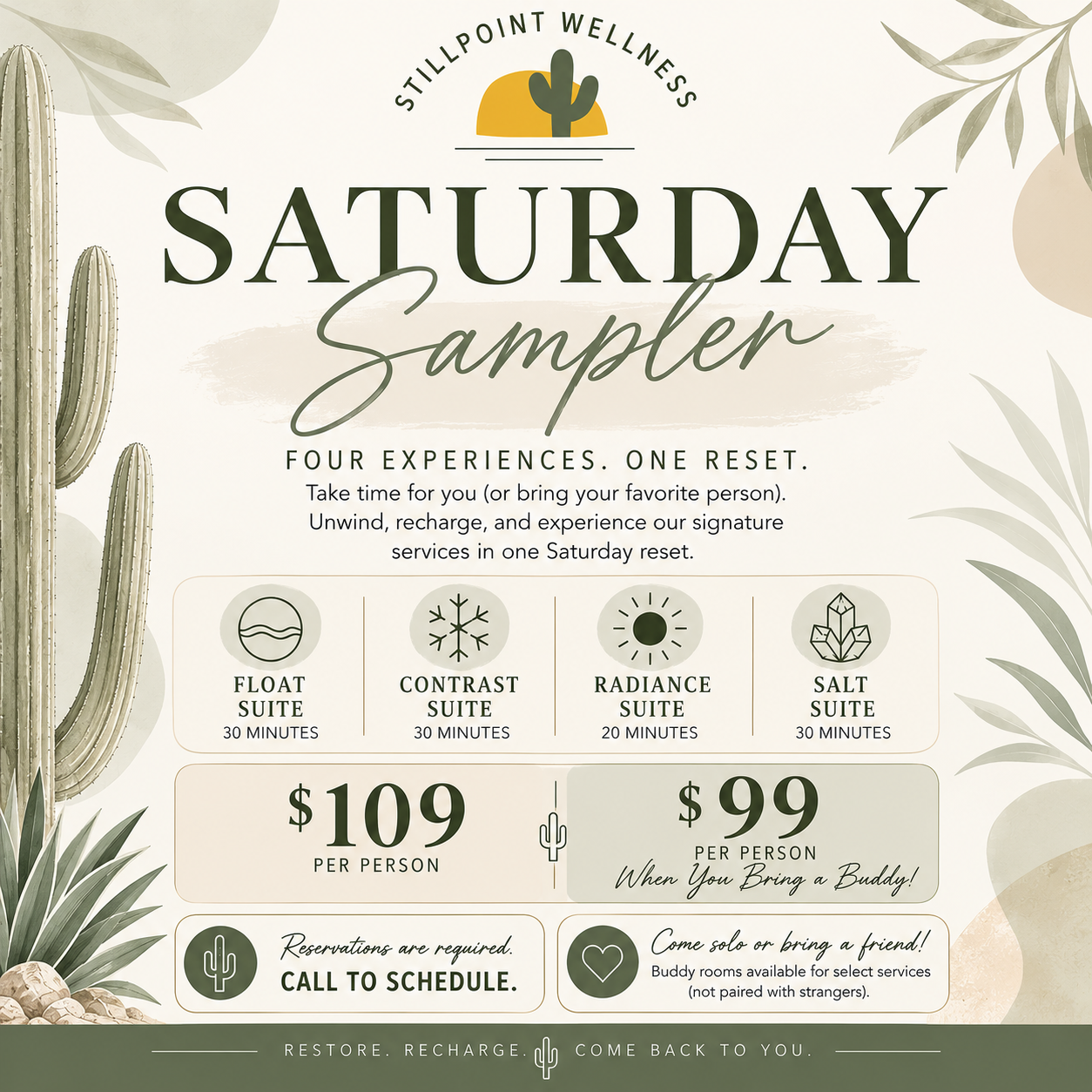 Stillpoint Wellness Sampler experience in North Phoenix, Arizona, featuring float therapy, red light therapy, salt therapy, and contrast therapy with steam sauna and cold plunge.and green foliage.