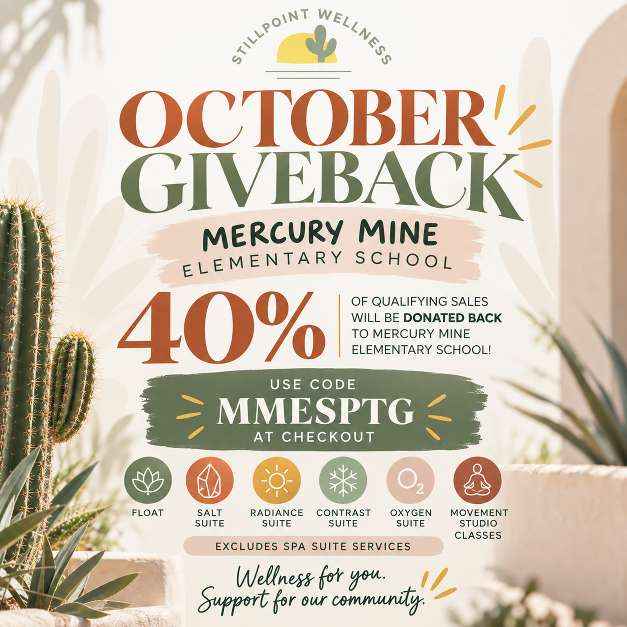 Stillpoint Wellness October Giveback promotion supporting Mercury Mine Elementary School in Phoenix, Arizona, with 40% of qualifying purchases donated to the school using promo code MMESPTG.