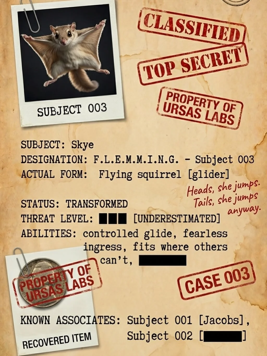 She&rsquo;s the smallest one in the file. She&rsquo;s also the one who goes in first. 🪂

CASE 003: DECLASSIFIED. 📁 Subject designation &mdash; flying squirrel. Threat level: underestimated.

Meet Skye in Jack Jacobs: The Dog That Cried Human &mdash