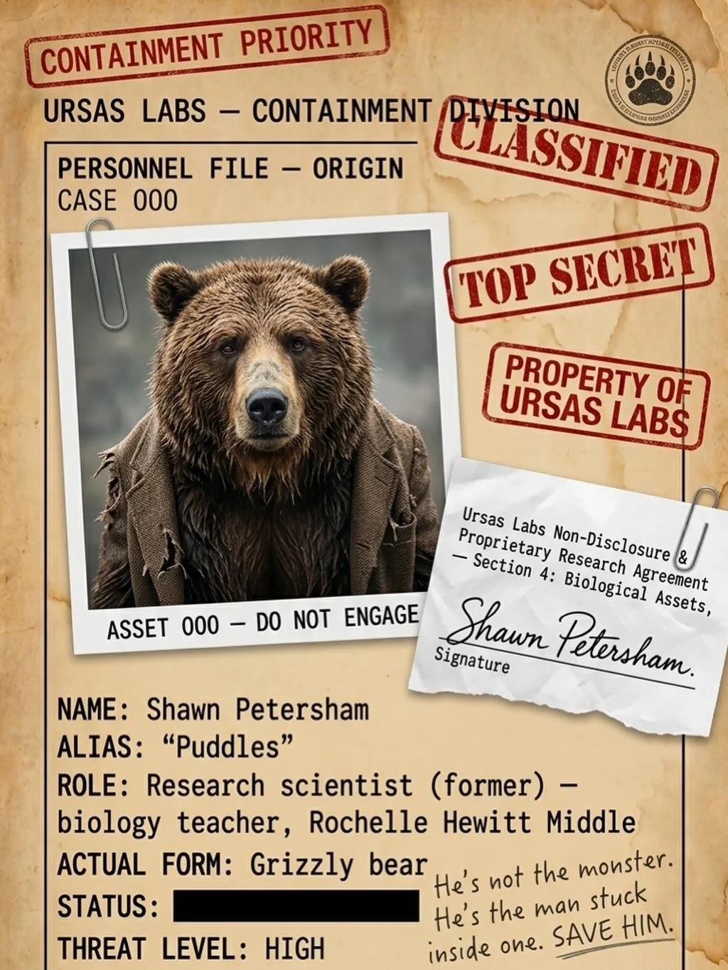 ⏳ FINAL HOURS. The free book closes tonight.

The file says: ASSET 000. Threat level HIGH. Do not engage. 🐻

The kids say: he&rsquo;s not the monster. He&rsquo;s the man stuck inside one. Save him.

CASE 000 &mdash; the teacher who caused all of it,