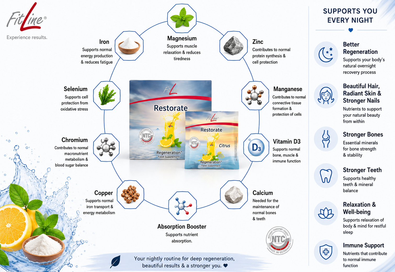 Diagram showing nutritional ingredients and their benefits for support during the night, including magnesium, zinc, manganese, vitamin D3, calcium, absorption booster, copper, chromium, selenium, iron, and their effects on muscles, skin, bones, immune function, and energy.