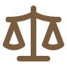 A stylized icon of balanced scales representing justice or law