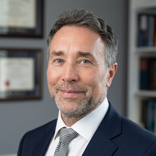 A middle-aged man with gray hair and a beard, wearing a dark suit and striped tie, smiling in an office setting.