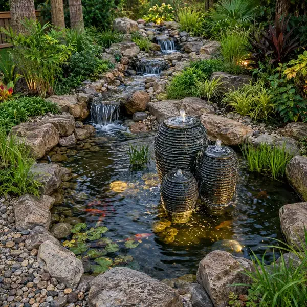 A landscaped garden with a small multi-tiered waterfall flowing into a pond with water fountain features, surrounded by rocks, lush green plants, and koi fish.