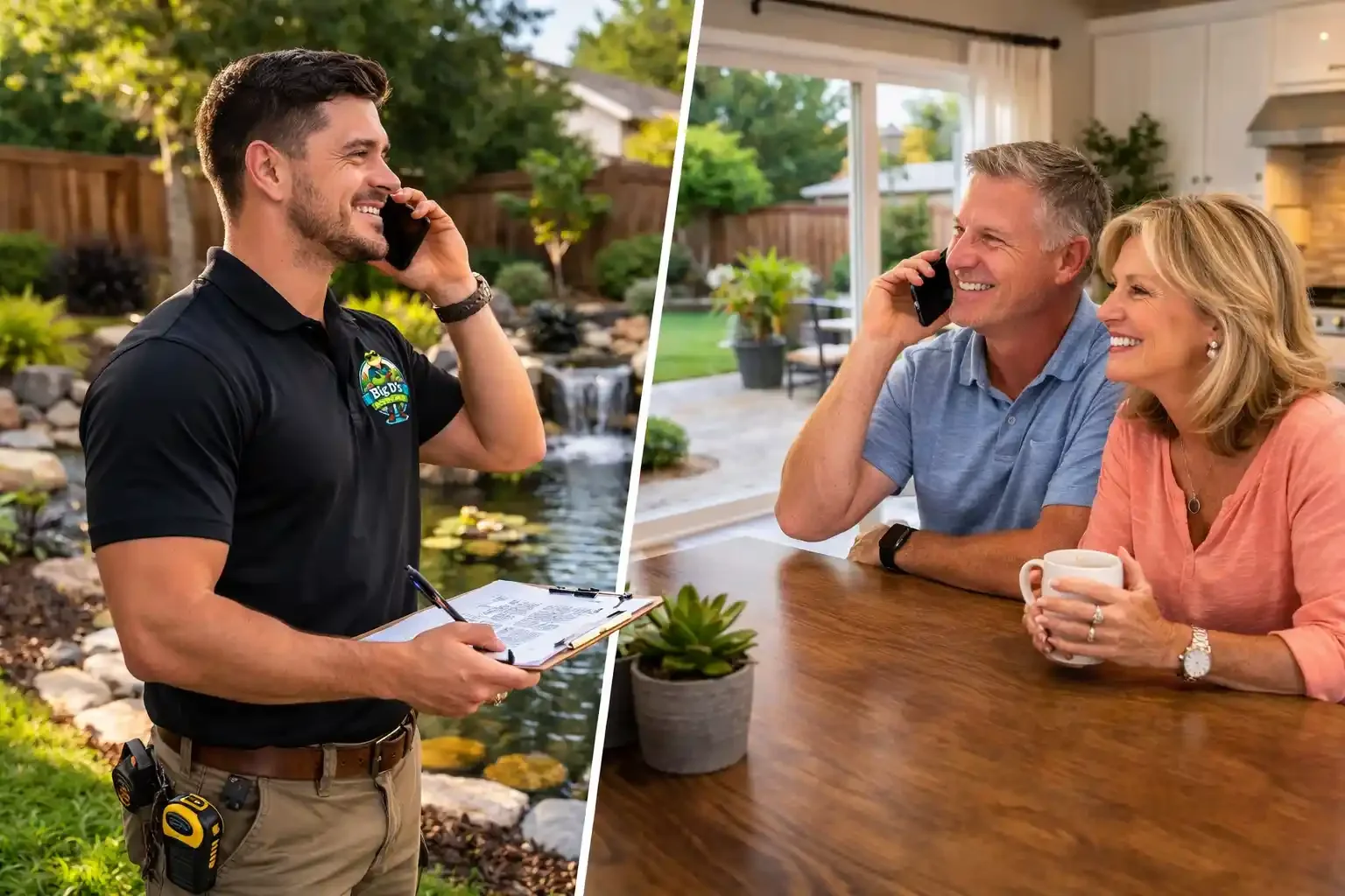 A split view of two scenes: the left side shows a man in a black polo shirt speaking on the phone outdoors by a pond with rocks and plants, holding a clipboard and pen, smiling; the right side shows a middle-aged couple sitting in a kitchen or dining area, also speaking on the phone, smiling, with a mug in front of the woman and a potted plant on the table.
