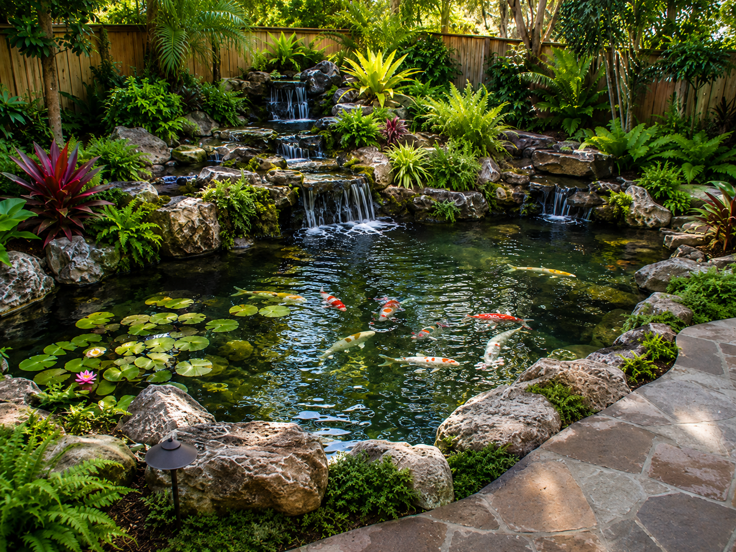 Aquascape Premier Pond measuring 11 by 16 feet, featuring multiple waterfalls, koi fish, aquatic plants, and natural boulder construction.