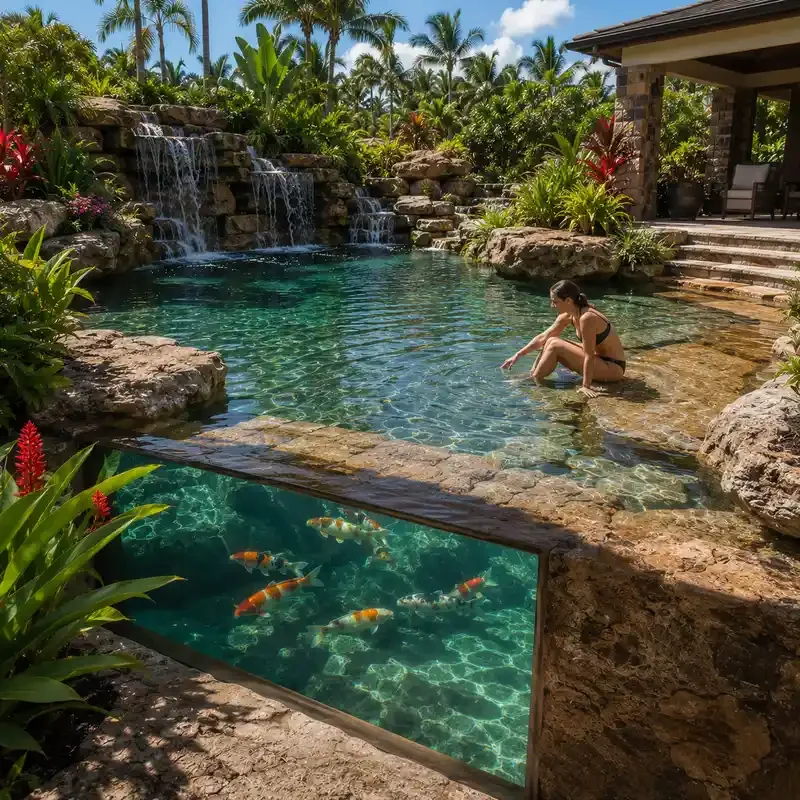 A woman in a black swimsuit sitting by the edge of a luxury backyard pool with waterfalls and lush tropical plants, including red and green foliage. Koi fish swim in a small adjacent pond.