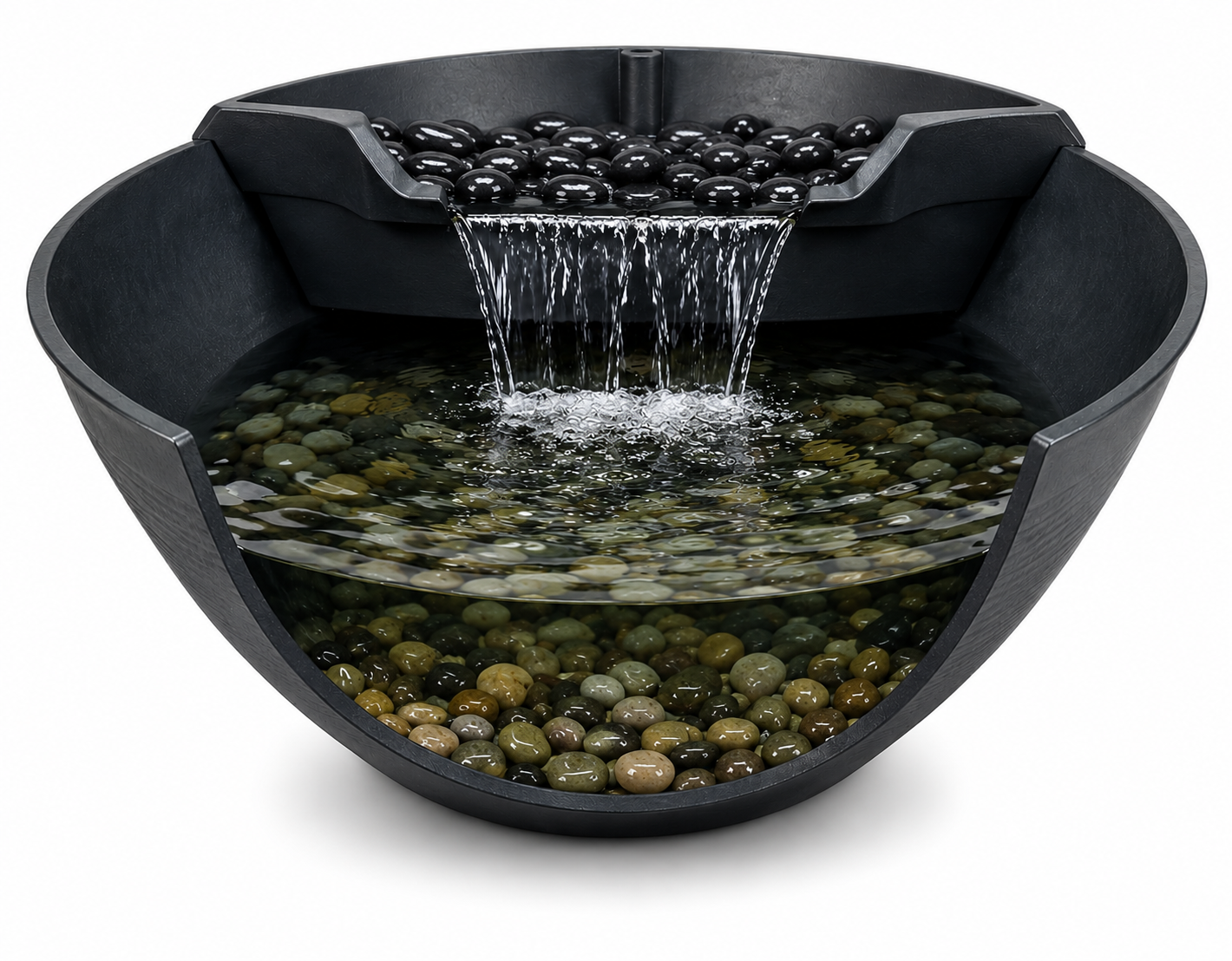 Aquascape Mini Pond featuring a spillway waterfall, polished black stones, decorative gravel, and a compact water garden design.