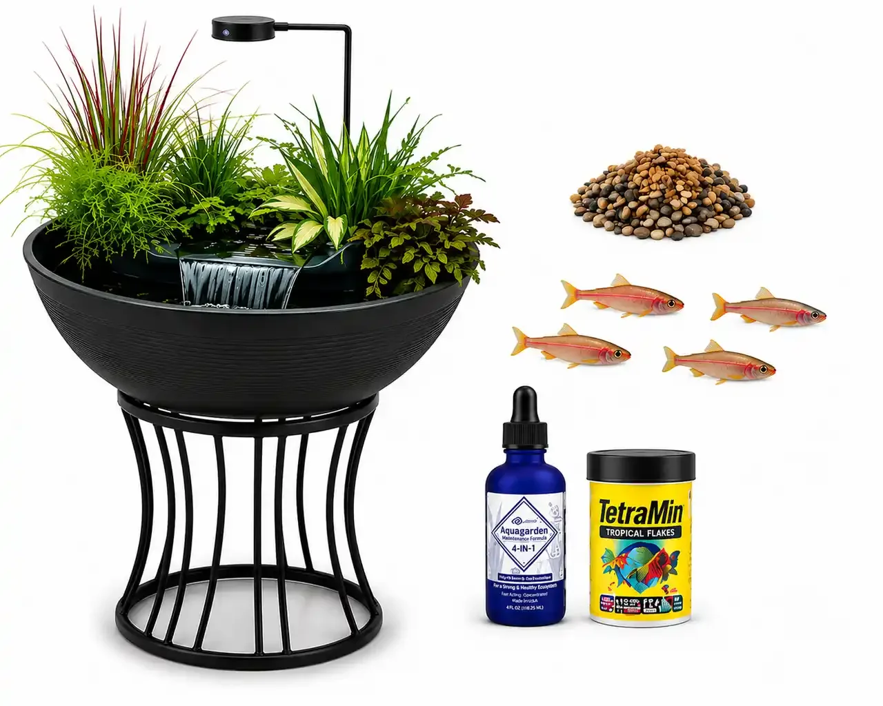 An indoor water garden with a black bowl fountain, various green plants, four small fish, fish food, aquatic plant food, and a dropper bottle of water conditioner.