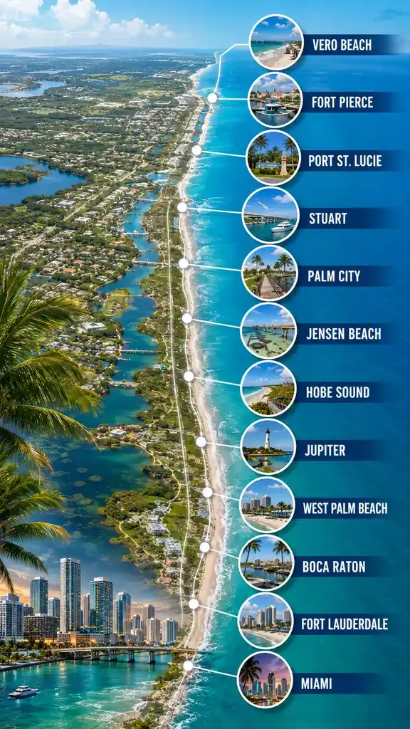 Aerial view of the Gold Coast of Florida highlighting popular beaches and cities from Vero Beach in the north to Miami in the south, with labels and small images of each location along the coast.