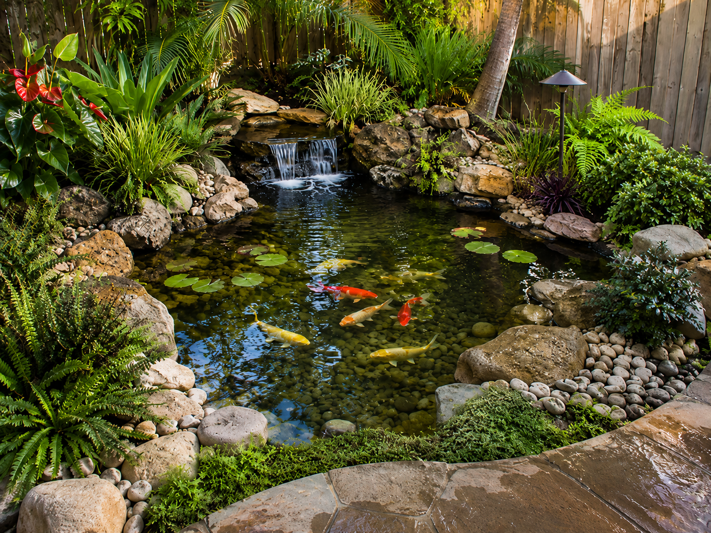 Aquascape Classic Pond measuring 8 by 11 feet, featuring koi fish, water lilies, waterfalls, and natural stone landscaping.