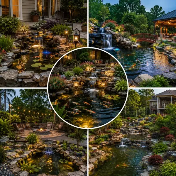 A collage of five images of decorative backyard ponds with waterfalls, rocks, plants, and lighting, some featuring bridges and outdoor seating areas at dusk or nighttime.