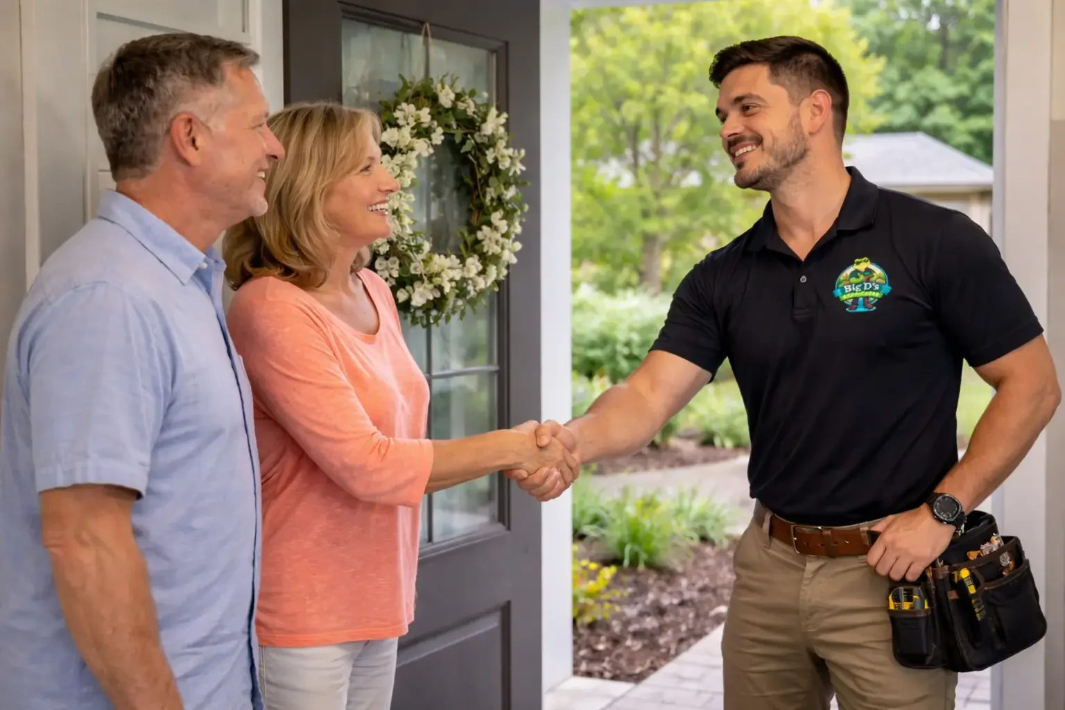 A man and woman are smiling and shaking hands with a service worker outside a house, with a green yard in the background.