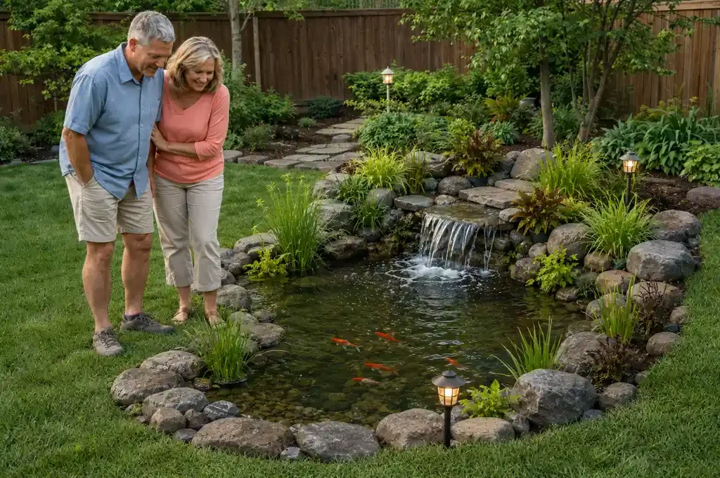 A man and a woman are standing near a small pond with fish, surrounded by rocks and lush plants in a backyard.